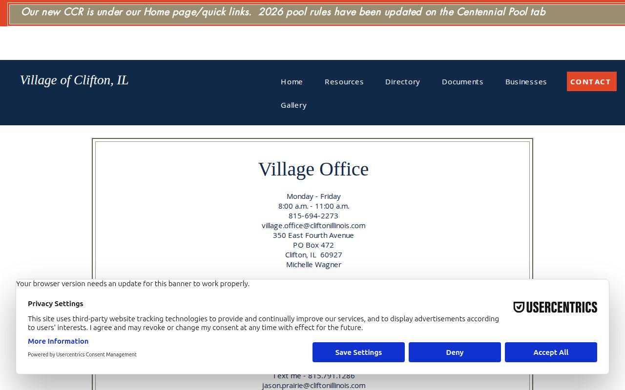 Clifton village office, FOIA, and arrest-record contact information, Iroquois County