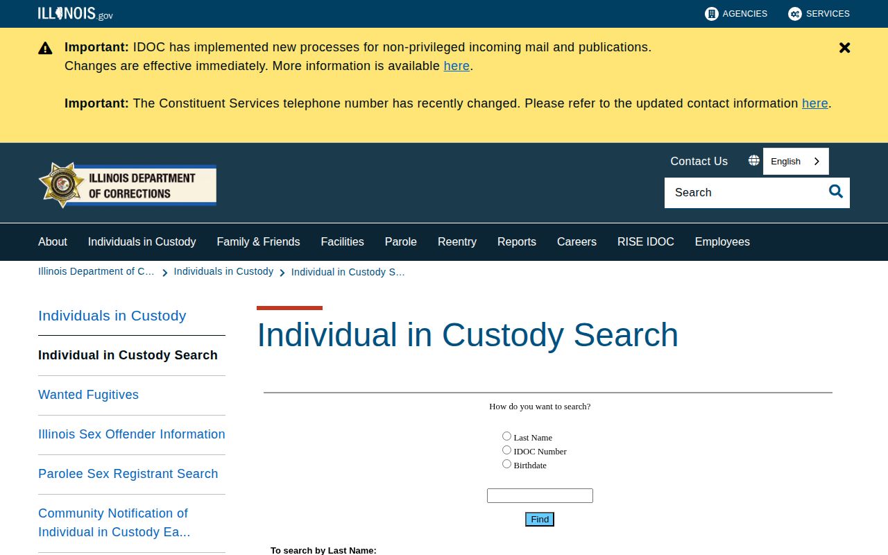 Iroquois County state-custody offender search and record interface