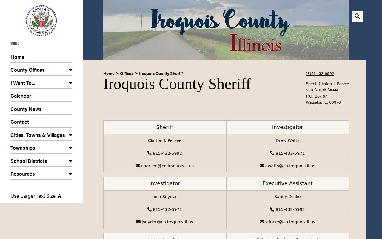 Iroquois County Sheriff's Office contact page for jail and arrest records