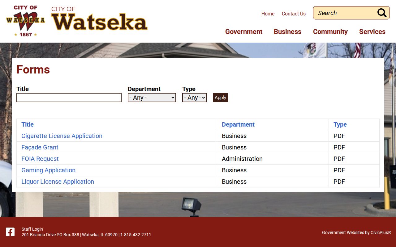 Watseka municipal FOIA and arrest-record forms, Iroquois County